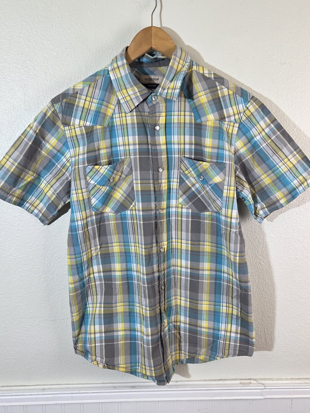 Y2K Anchor Blue Western Shirt Mens M Plaid Pearl Snap Short Sleeve 100% Cotton